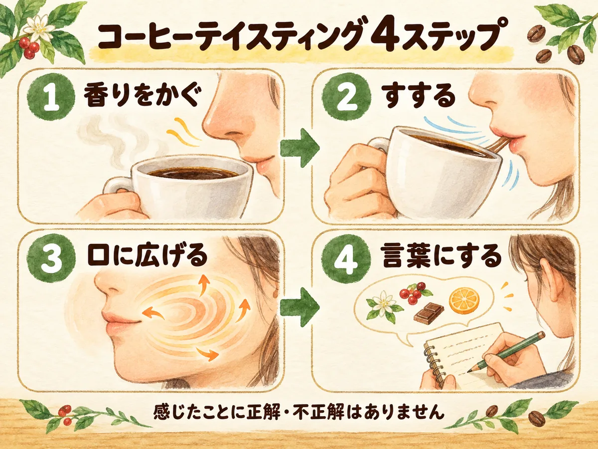 香りをかぐ、すする、口の中全体に広げる、自分の言葉で表現するテイスティングの4ステップ