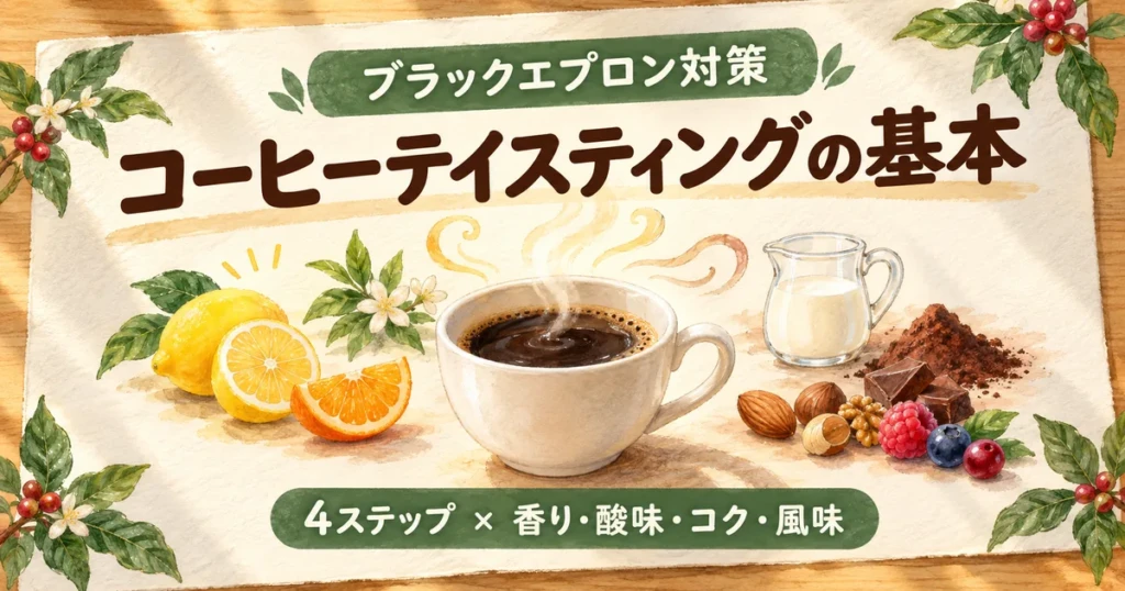 コーヒーの香りを確かめながら酸味・コク・風味を学ぶブラックエプロン試験対策の図解
