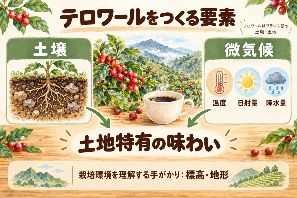土壌と、温度・日射量・降水量を含む微気候からテロワールを理解する図