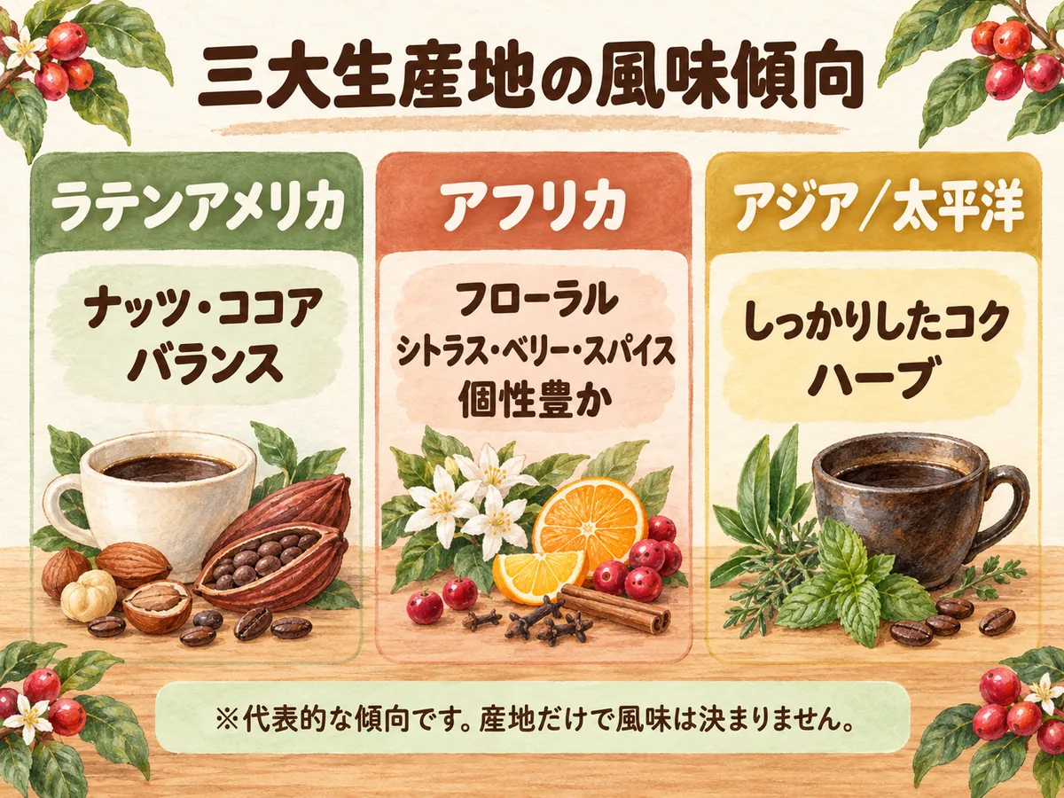 ラテンアメリカ、アフリカ、アジア太平洋の代表的な風味傾向を比較した図