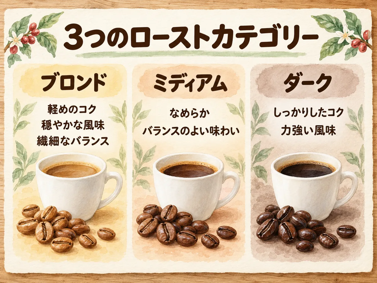 スターバックスのブロンド、ミディアム、ダークの3つのローストカテゴリー比較