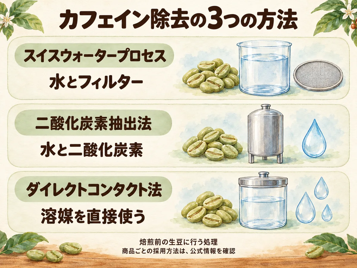 水とフィルター、二酸化炭素、溶媒を使う3つのカフェイン除去法の比較図