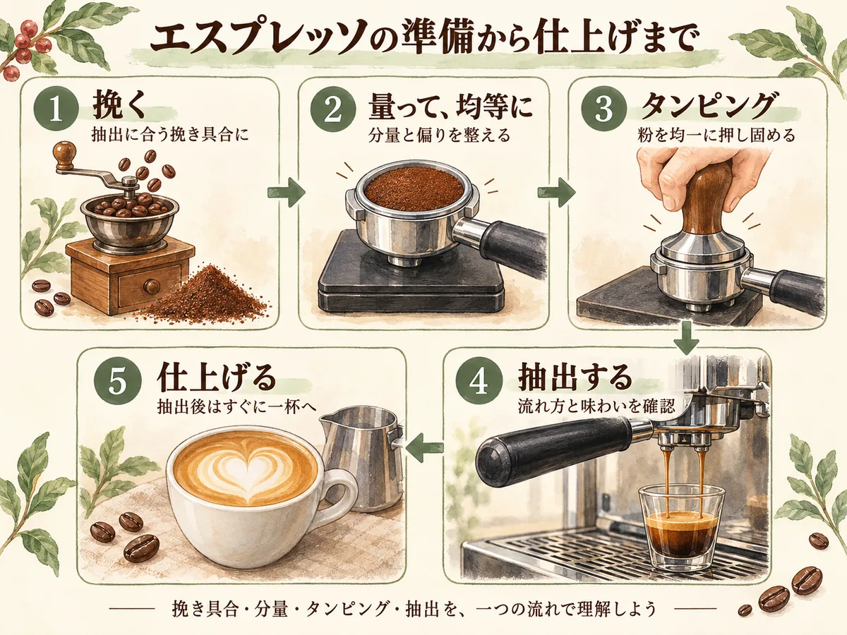 挽き具合と分量を整え、タンピングと抽出を経てすぐに一杯を仕上げる流れ
