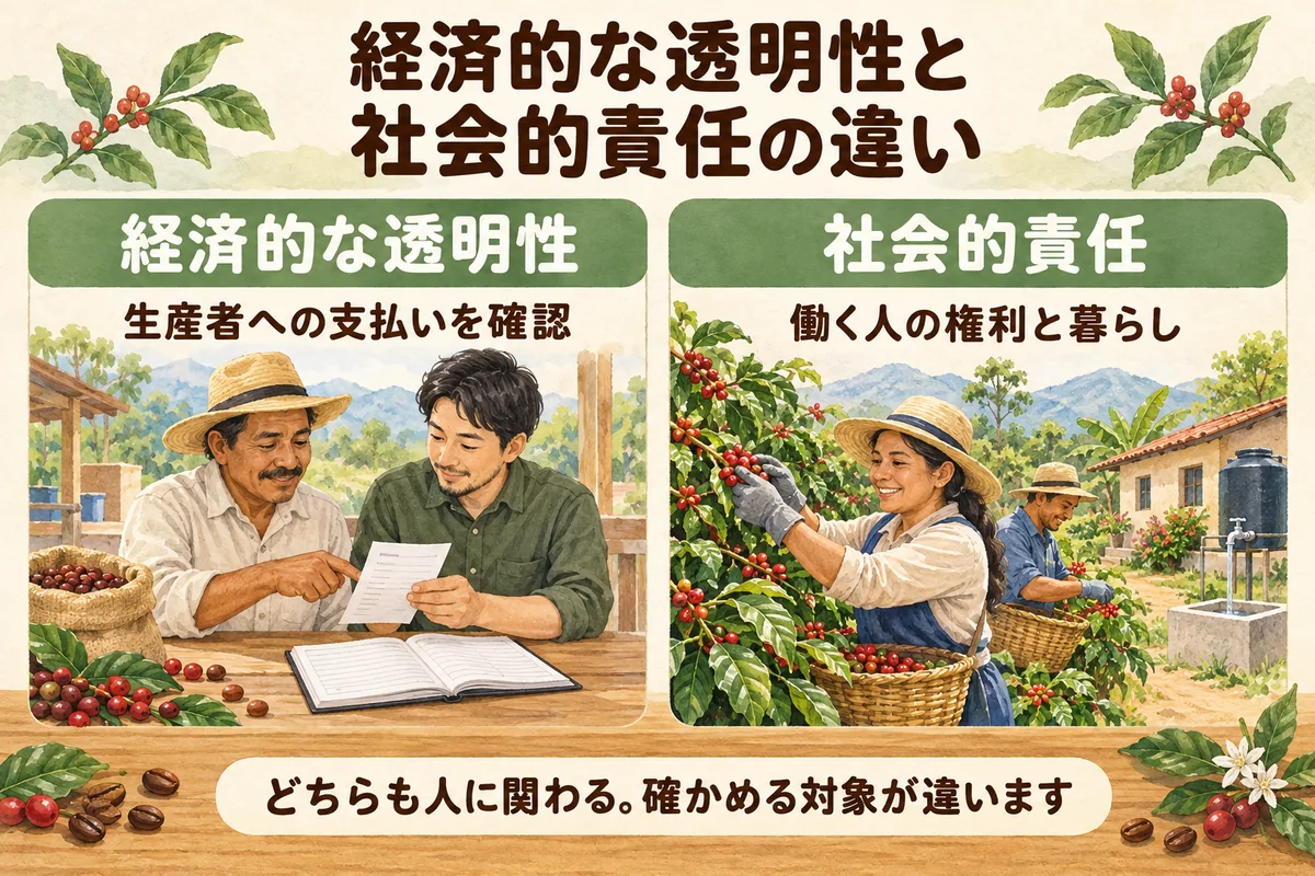 生産者への支払いを確認する経済的な透明性と、働く人の権利や生活を守る社会的責任の違い