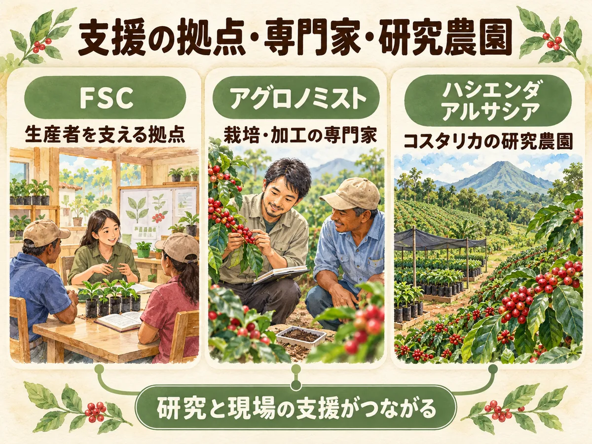 支援拠点のFSC、専門家のアグロノミスト、研究農園のハシエンダ アルサシアの役割の違い