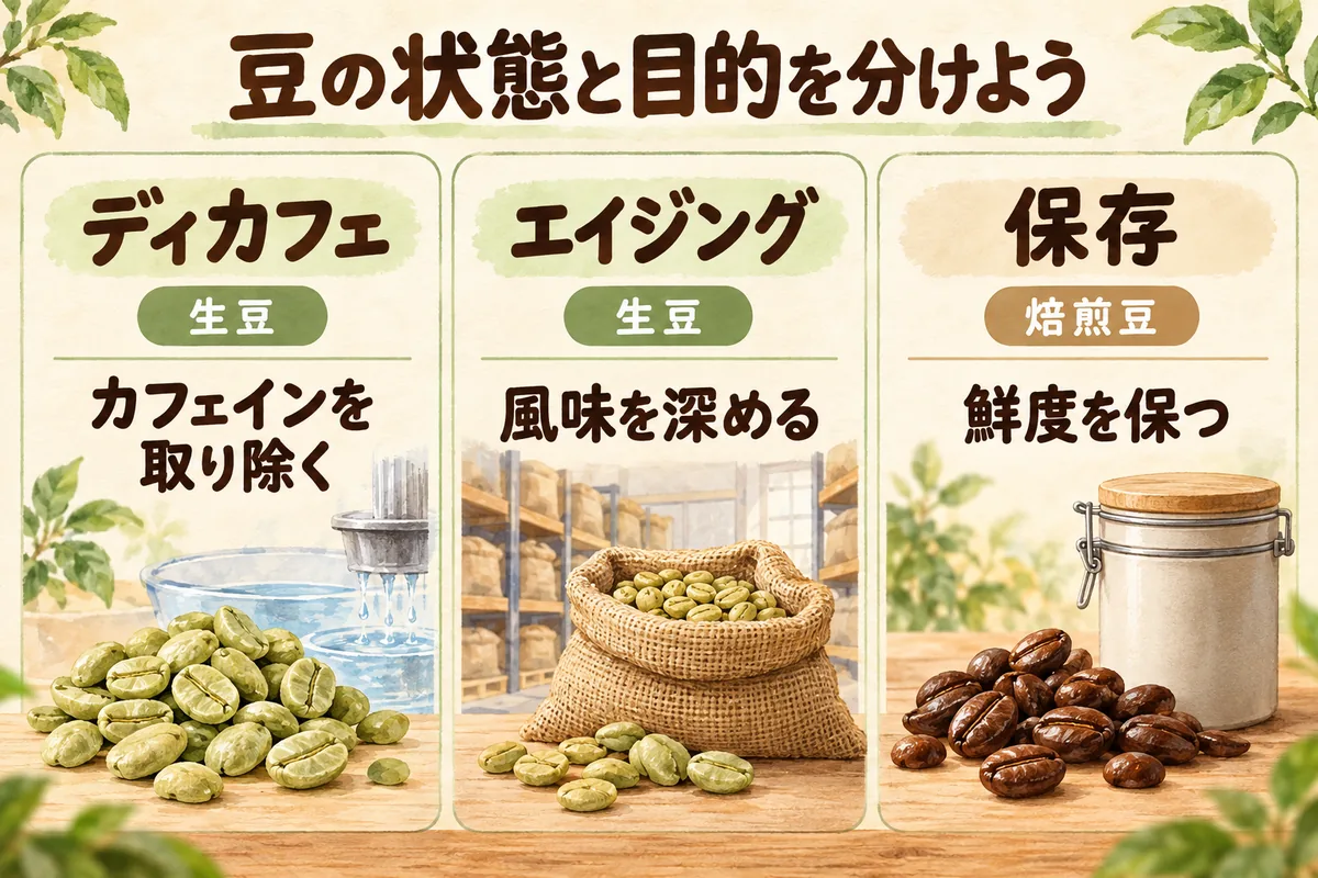 生豆のカフェイン除去、生豆の熟成、焙煎後の鮮度を保つ保存の目的と豆の状態の比較