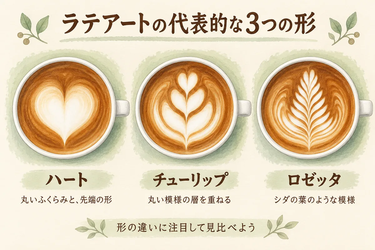 ハート、チューリップ、ロゼッタのラテアートを同じ大きさのカップで比較したイラスト