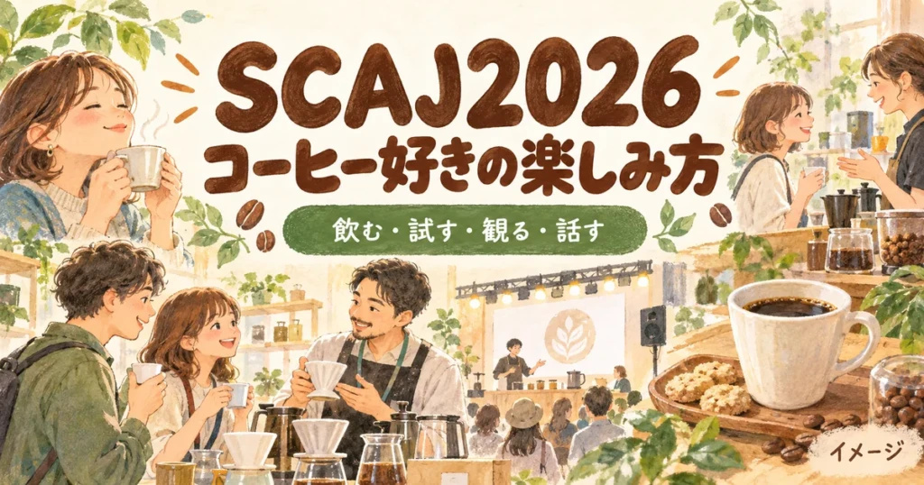 コーヒーを飲む、器具を試す、大会を観る、作り手と話す楽しみ方を描いたSCAJ2026一般来場ガイドのイメージイラスト