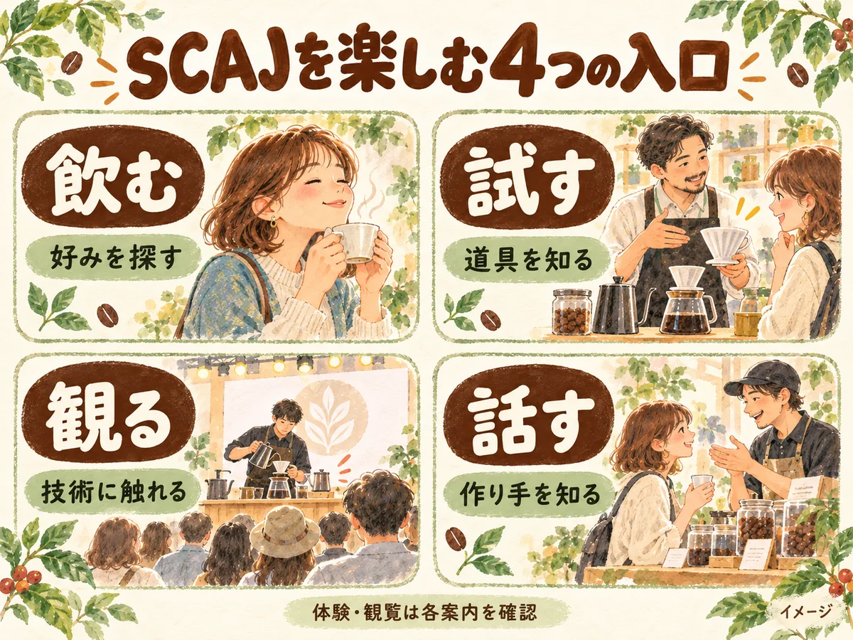 飲む・試す・観る・話すの4つから選べる、一般来場者向けのコーヒー展示会の楽しみ方を示すイメージ図