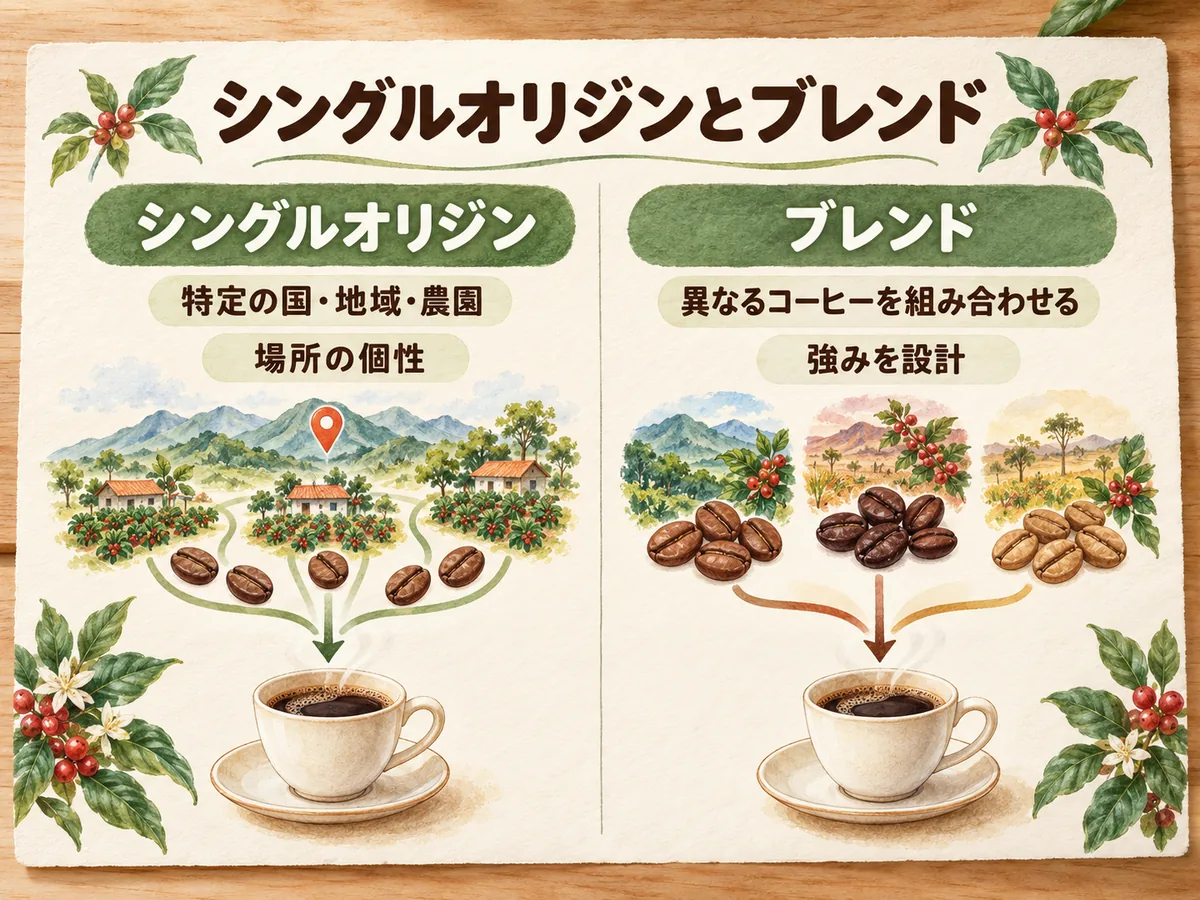 特定の国・地域・農園などの個性を表すシングルオリジンと、複数のコーヒーを組み合わせるブレンドの比較