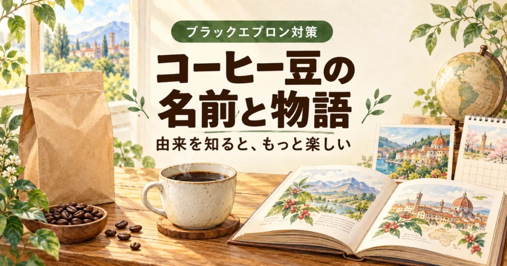 コーヒー豆の名前と背景を、街・本・カレンダー・無地の豆袋で表した学習記事のイラスト