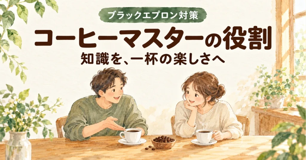 一杯のコーヒーを囲み、コーヒーの知識と楽しみ方を伝える役割を表したイラスト