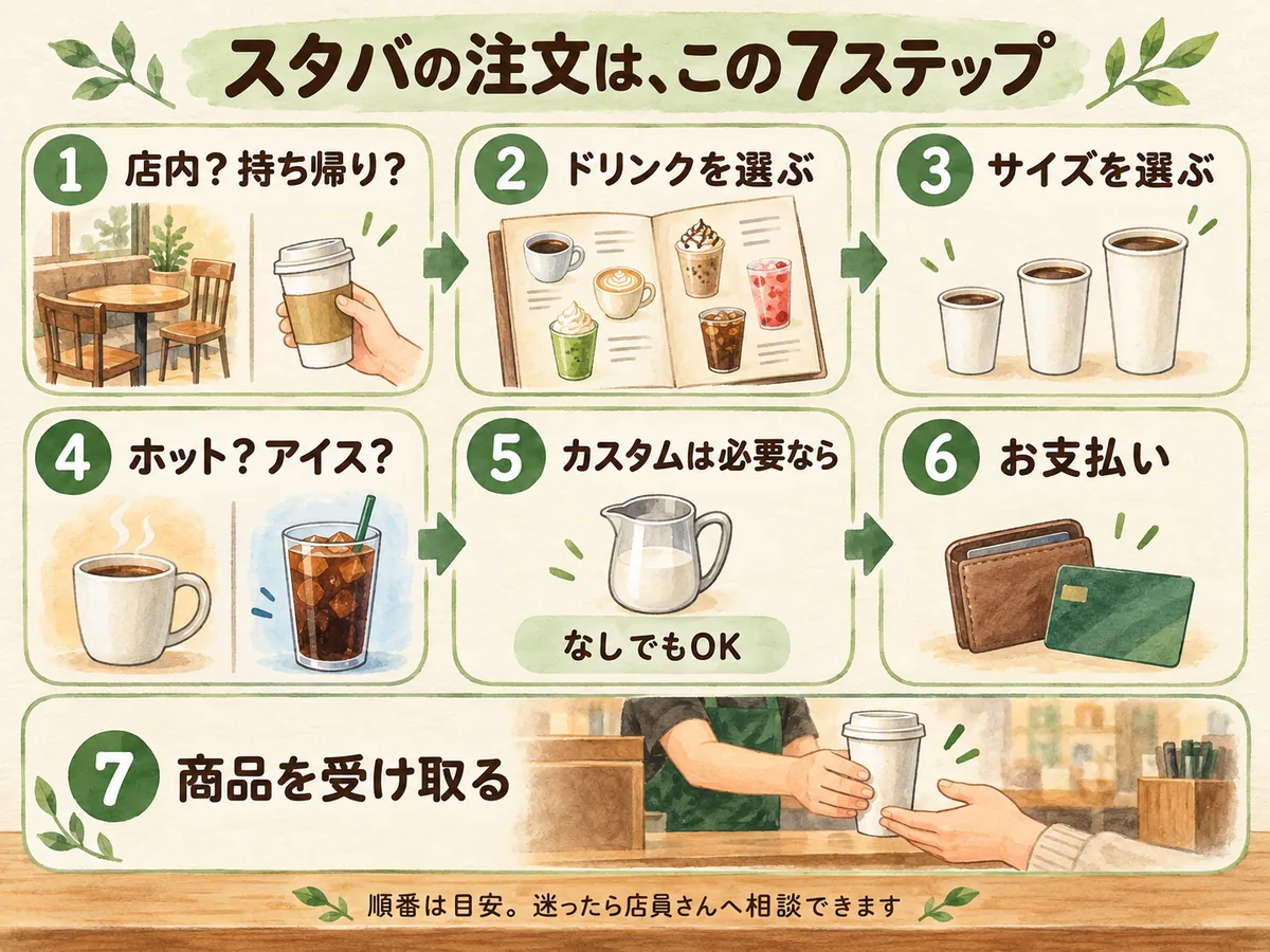 店内利用か持ち帰りかを決め、商品・サイズ・温度・必要なカスタムを選び、支払いと受け取りへ進む7ステップ