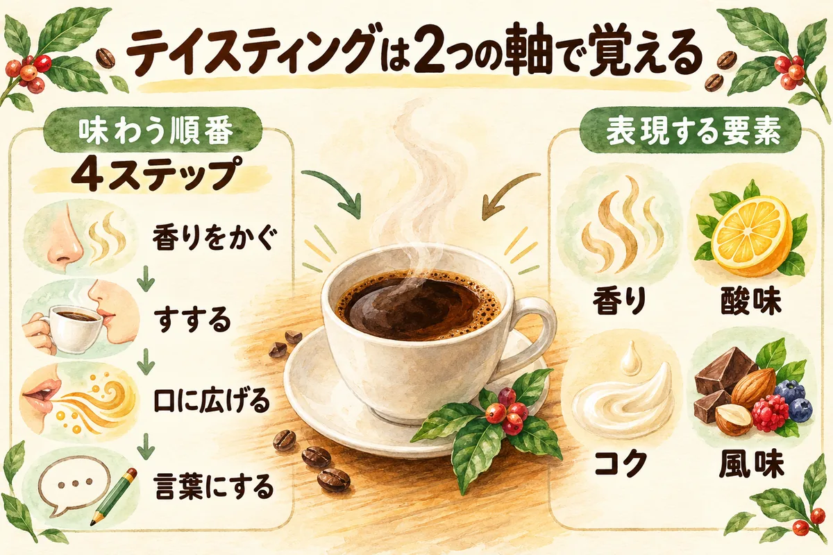 テイスティングの4ステップと香り・酸味・コク・風味という4要素の学習全体像